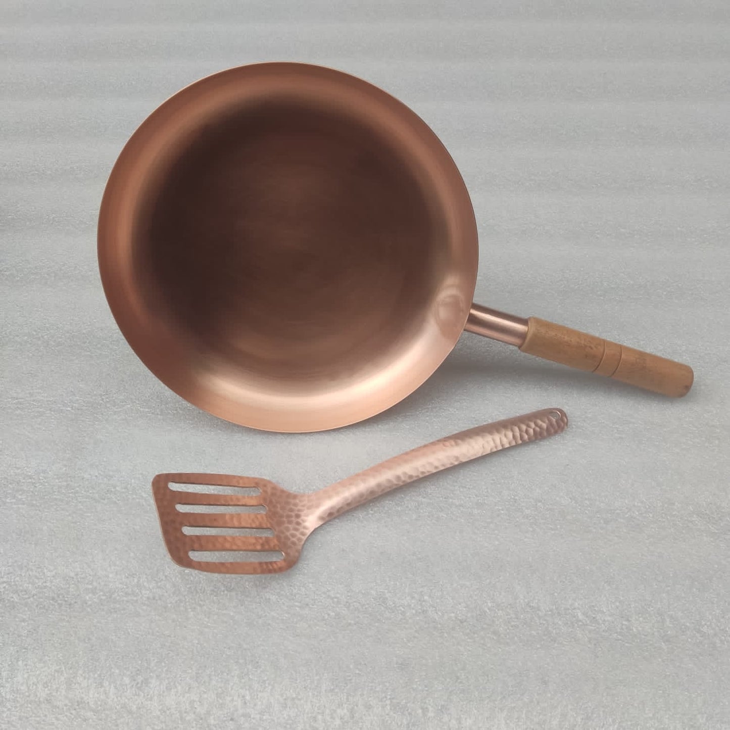 10" Round Plain Copper Pan with Matte Finish, Wood Handle and Spatula - Marsh and Manor Collective