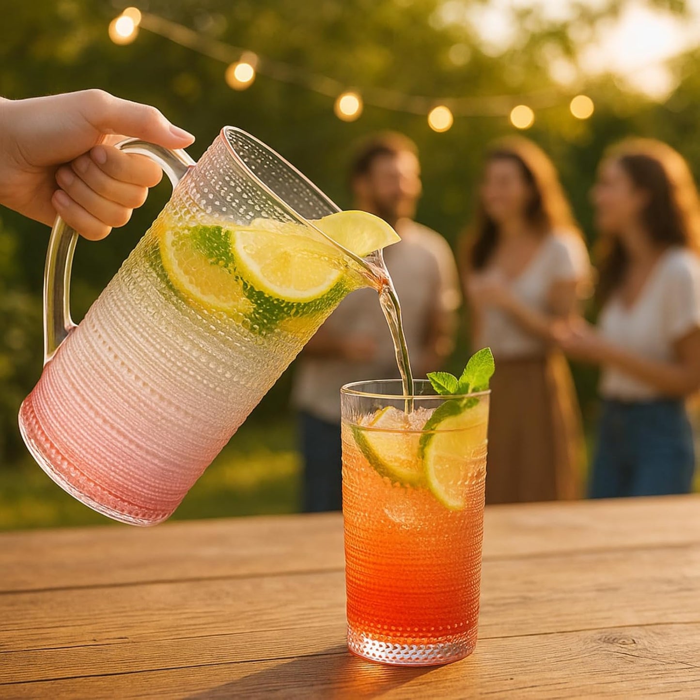 Khen Hobnail Pitcher, Vintage Style Textured Artisan Design Borosilicate Glass Beverage Server Drinkware - 7.8 Inch Pink