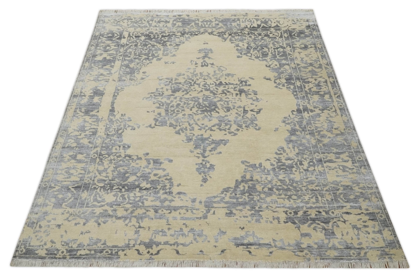 8x10 Beige, Charcoal and Silver Traditional Medallion Hand Knotted Wool and Bamboo Silk Area Rug - Marsh and Manor Collective