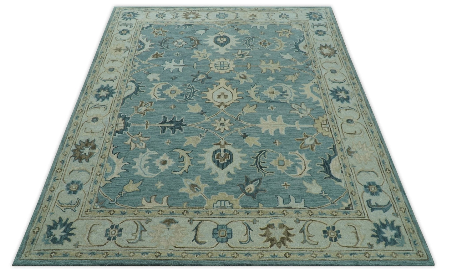 8x10 Blue, Ivory and Beige Hand Tufted Oriental Oushak wool area rug - Marsh and Manor Collective
