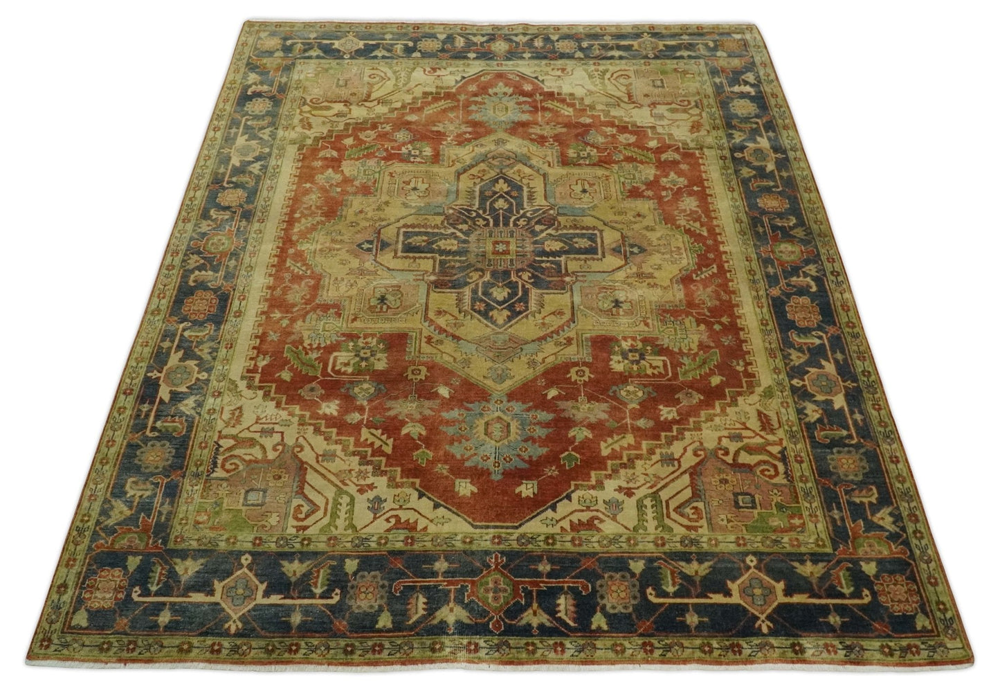 8x10 Gold, Rust and Charcoal Heriz Serapi Traditional Vintage Turkish Style Antique Look Hand Knotted Wool Area Rug | N361810 - Marsh and Manor Collective