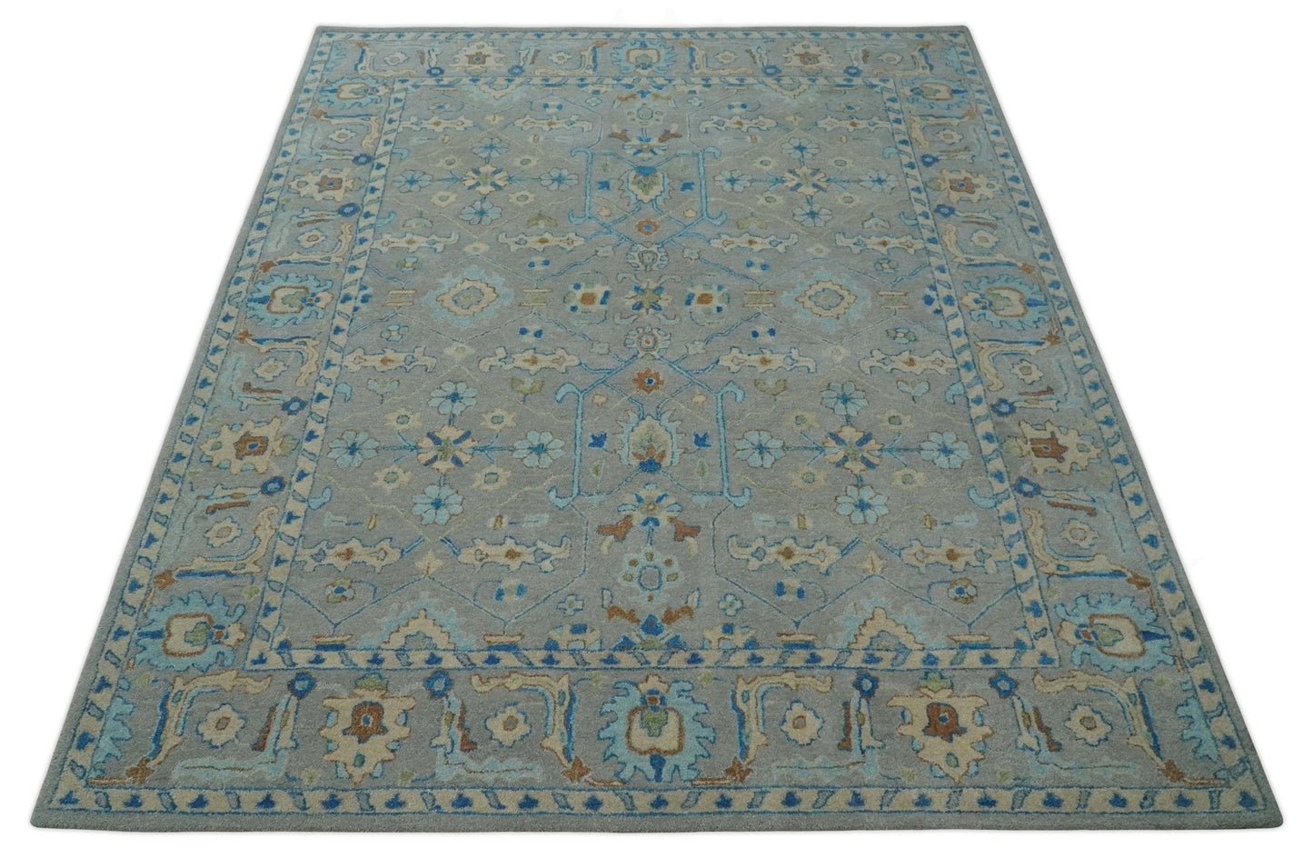 8x10 Hand Tufted Gray, Beige and Accent Blue Traditional Herati Design Wool Rug - Marsh and Manor Collective