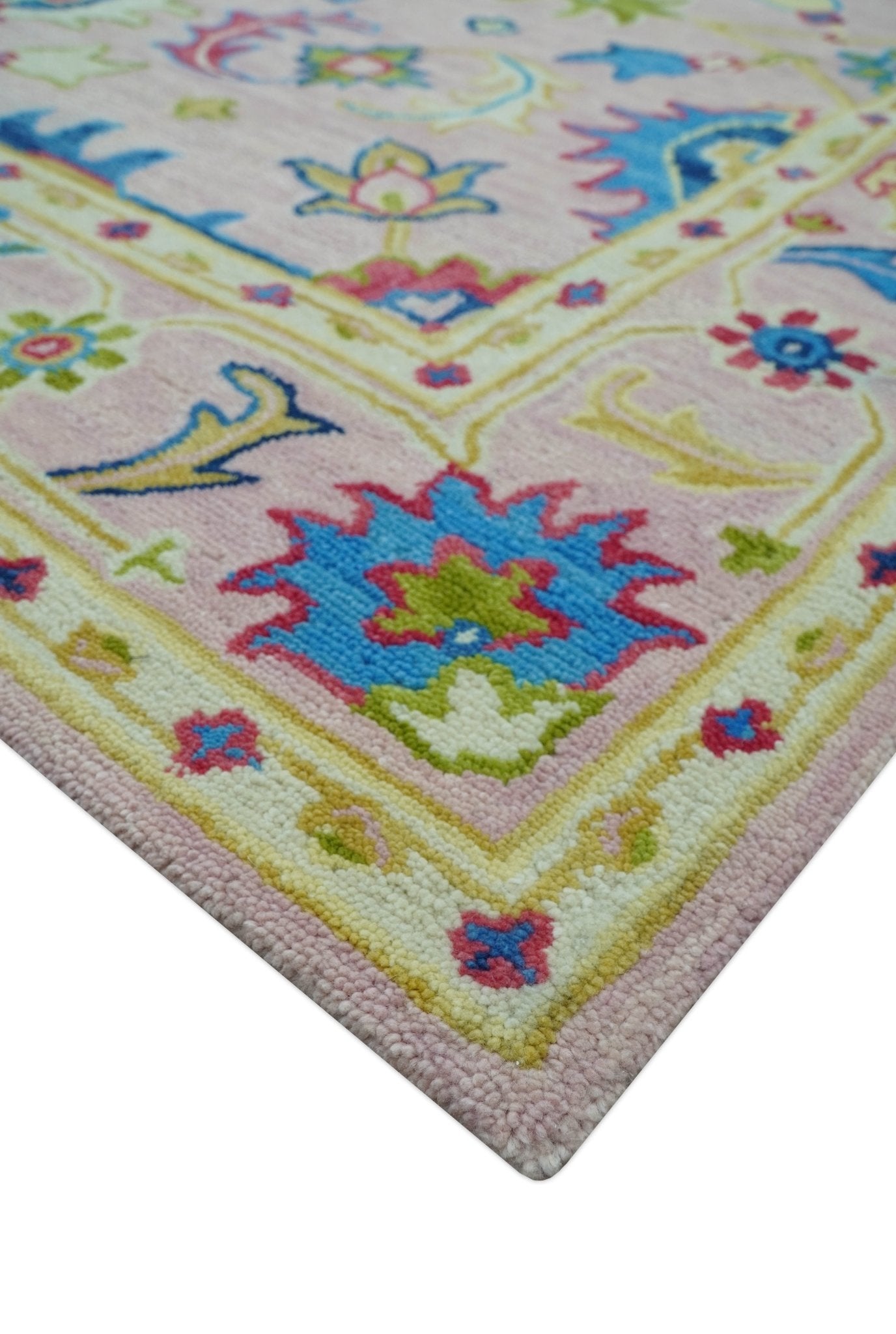 8x10 Vibrant Colorful Pink, Olive and Blue Oriental Oushak Hand Tufted area rug - Marsh and Manor Collective