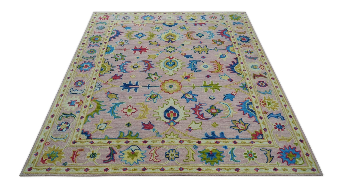 8x10 Vibrant Colorful Pink, Olive and Blue Oriental Oushak Hand Tufted area rug - Marsh and Manor Collective