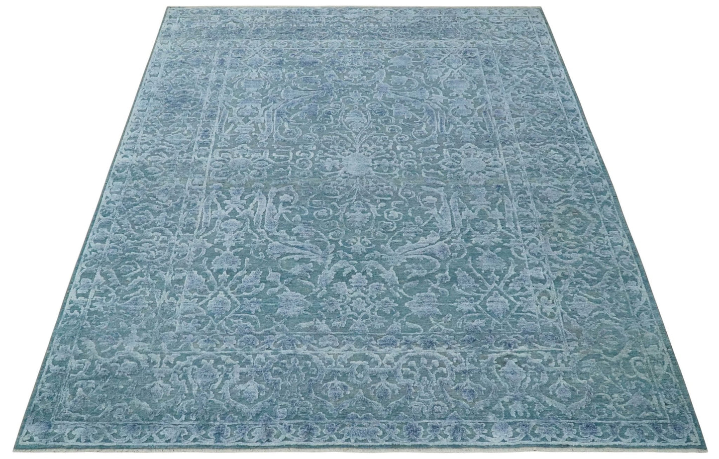 8x9.7 Blue Antique Style, Distressed Finish Hand Carved Traditional Medalian Hand Knotted Wool and Silk Rug - Marsh and Manor Collective