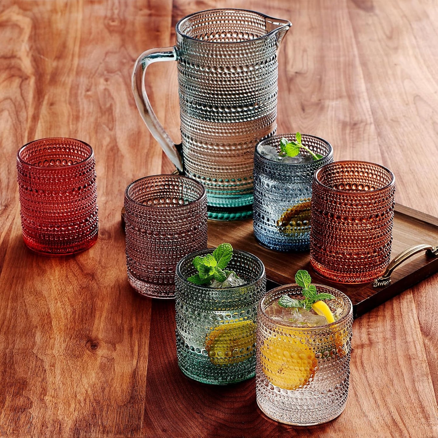 Tonal Hobnail Pitcher & Lowball Glassware Set
