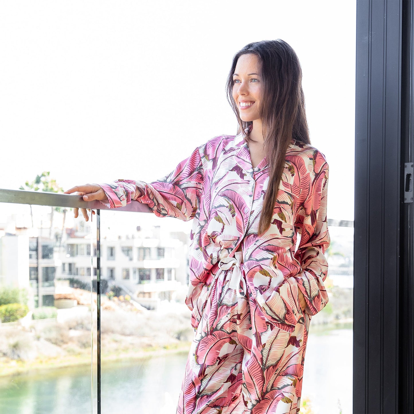 Women's Martinique® Pink Banana Leaf Long PJ Set - SILK