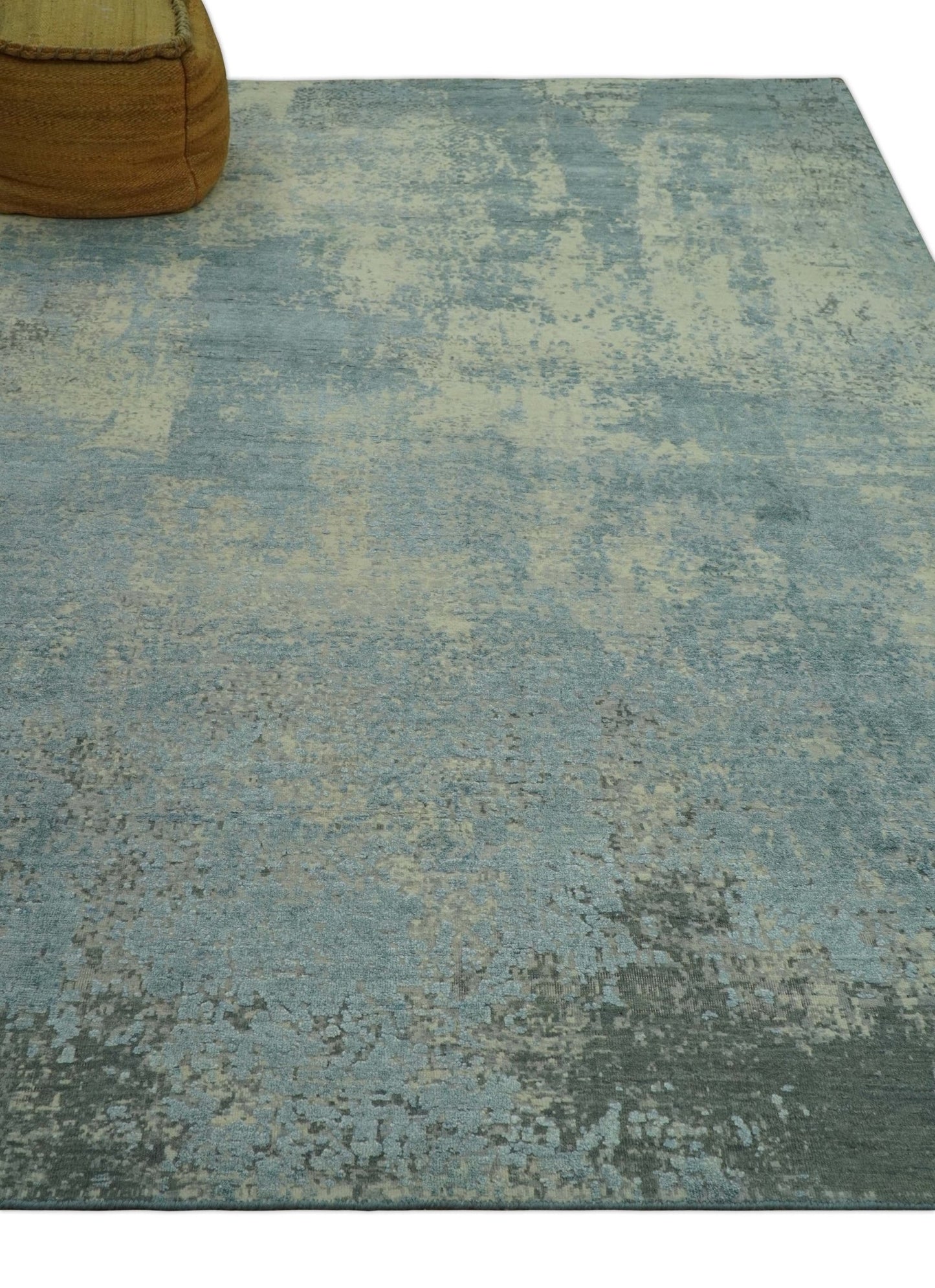 Abstract Design Blue, Beige And Gray 8x10 Hand Knotted Wool and Bamboo Silk Rug - Marsh and Manor Collective