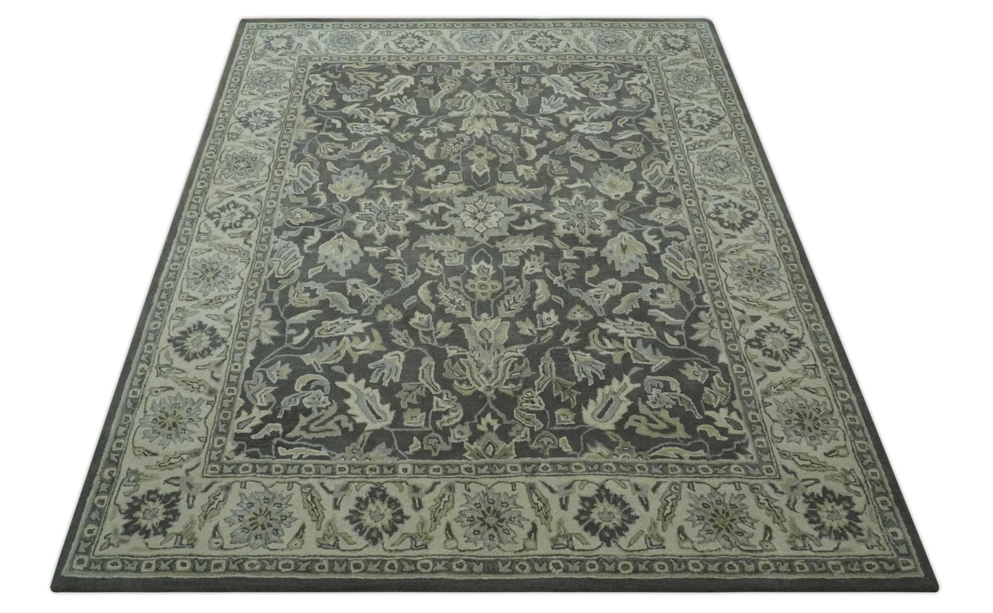 Antique Design 8x10 Charcoal and Beige Traditional Floral Hand Tufted rug - Marsh and Manor Collective