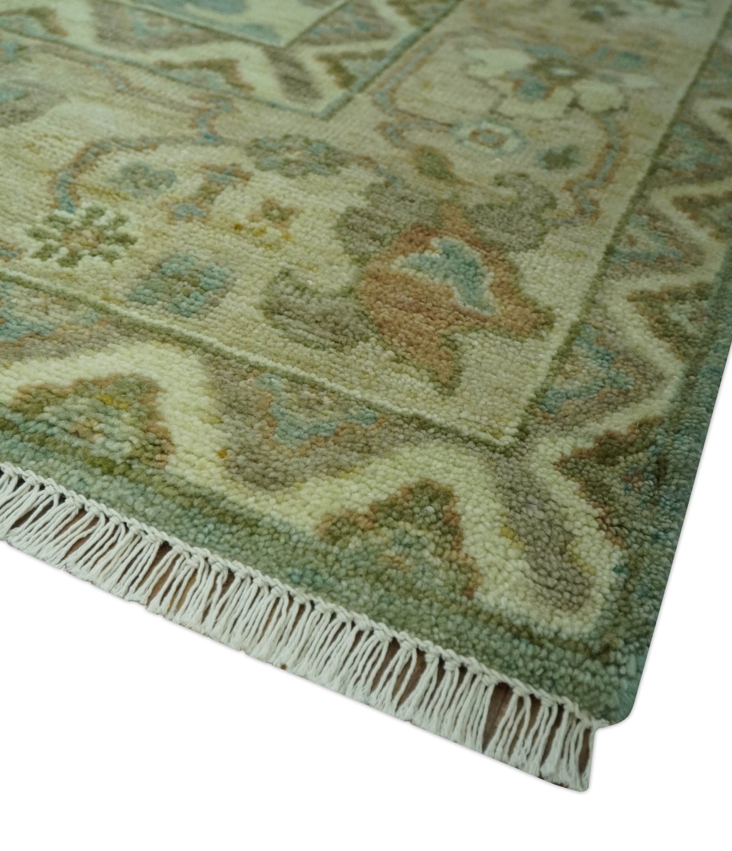 Antique design Green and Beige Traditional Oriental Oushak Custom Made wool area rug - Marsh and Manor Collective