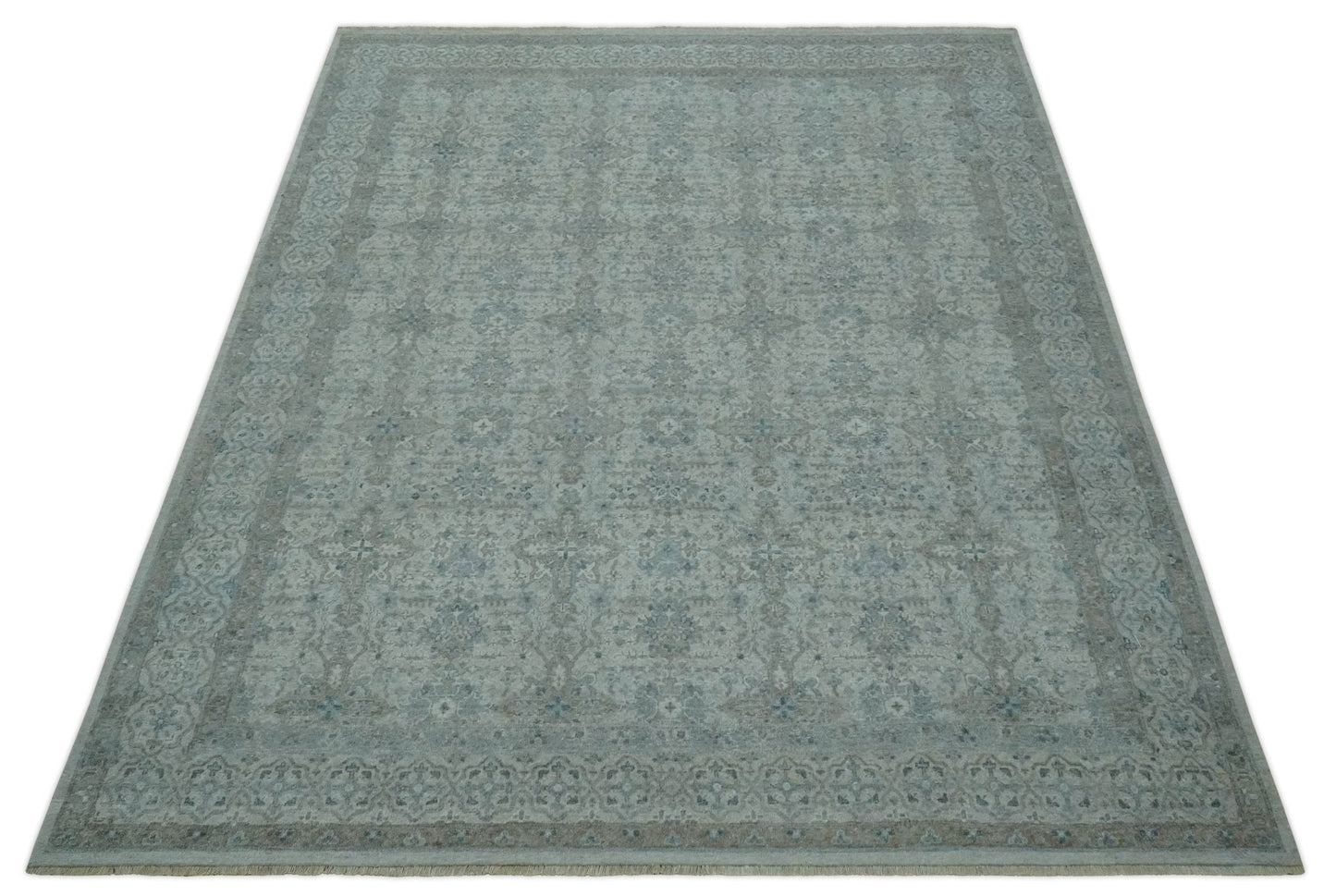 Antique Distress finish Silver, Teal and Brown Hand Knotted Traditional 8x10 wool Rug - Marsh and Manor Collective