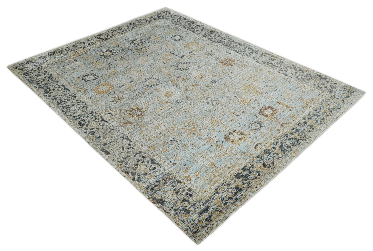 Antique look Aqua, Gold and Charcoal Hand Knotted Carved Texture Traditional Oriental Oushak 8x10 wool Area Rug - Marsh and Manor Collective