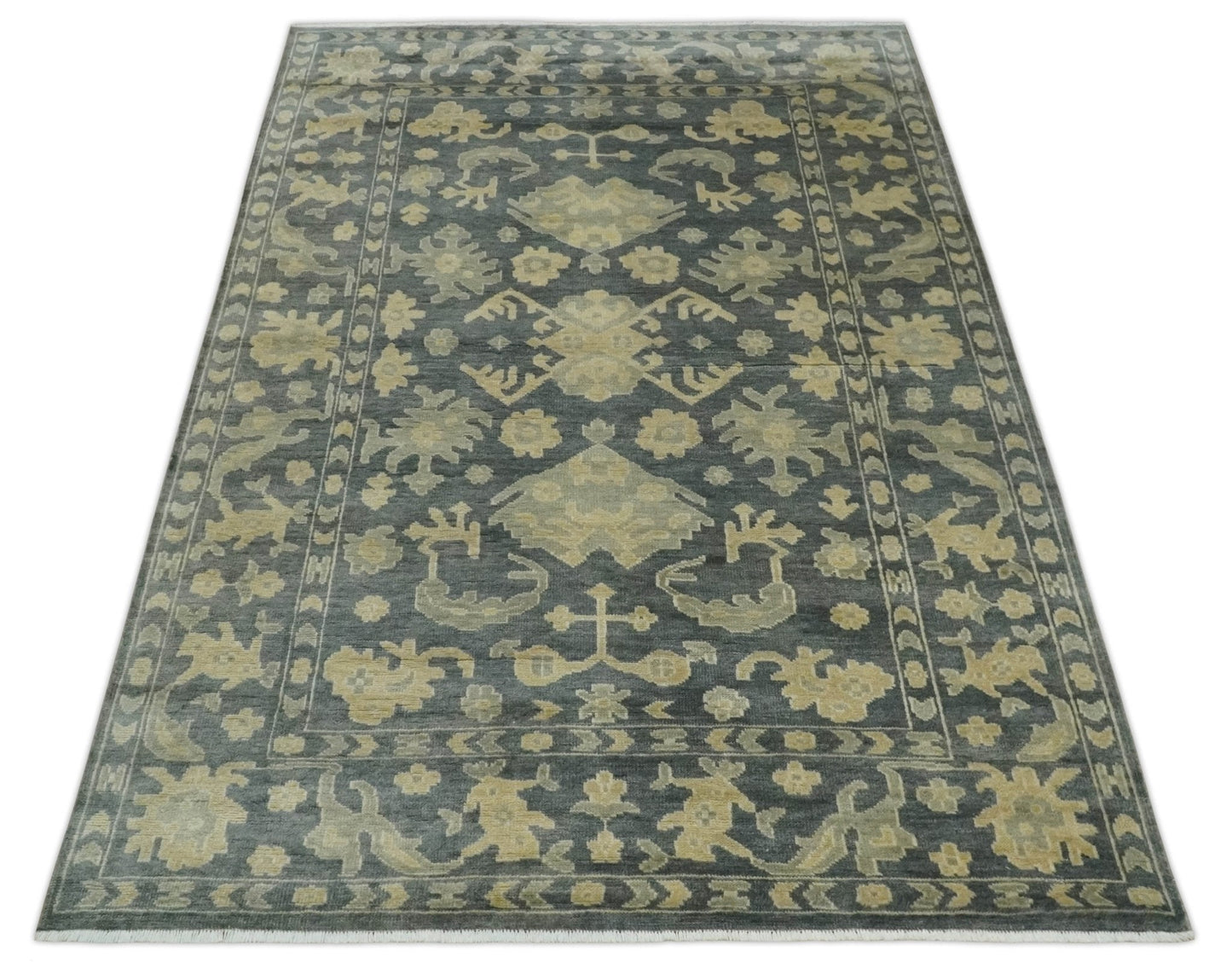 Antique Style 6x9 Hand Knotted Beige and Charcoal Traditional Wool Rug | N35669 - Marsh and Manor Collective