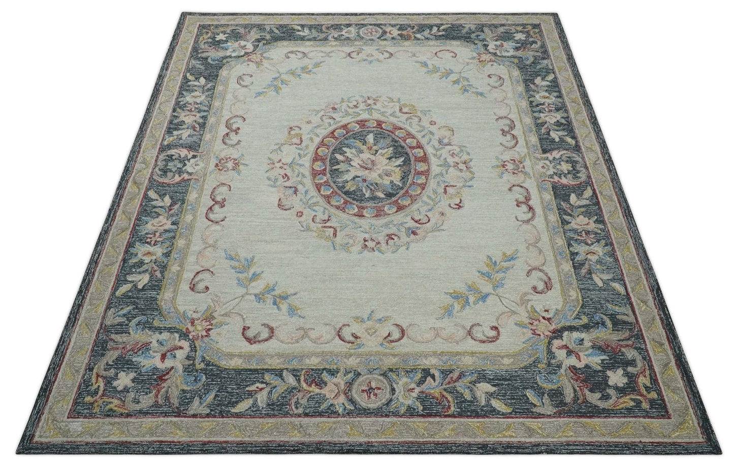 Antique Style Beige and Charcoal Aubusson design Hand Tufted 8x10 wool Area Rug - Marsh and Manor Collective