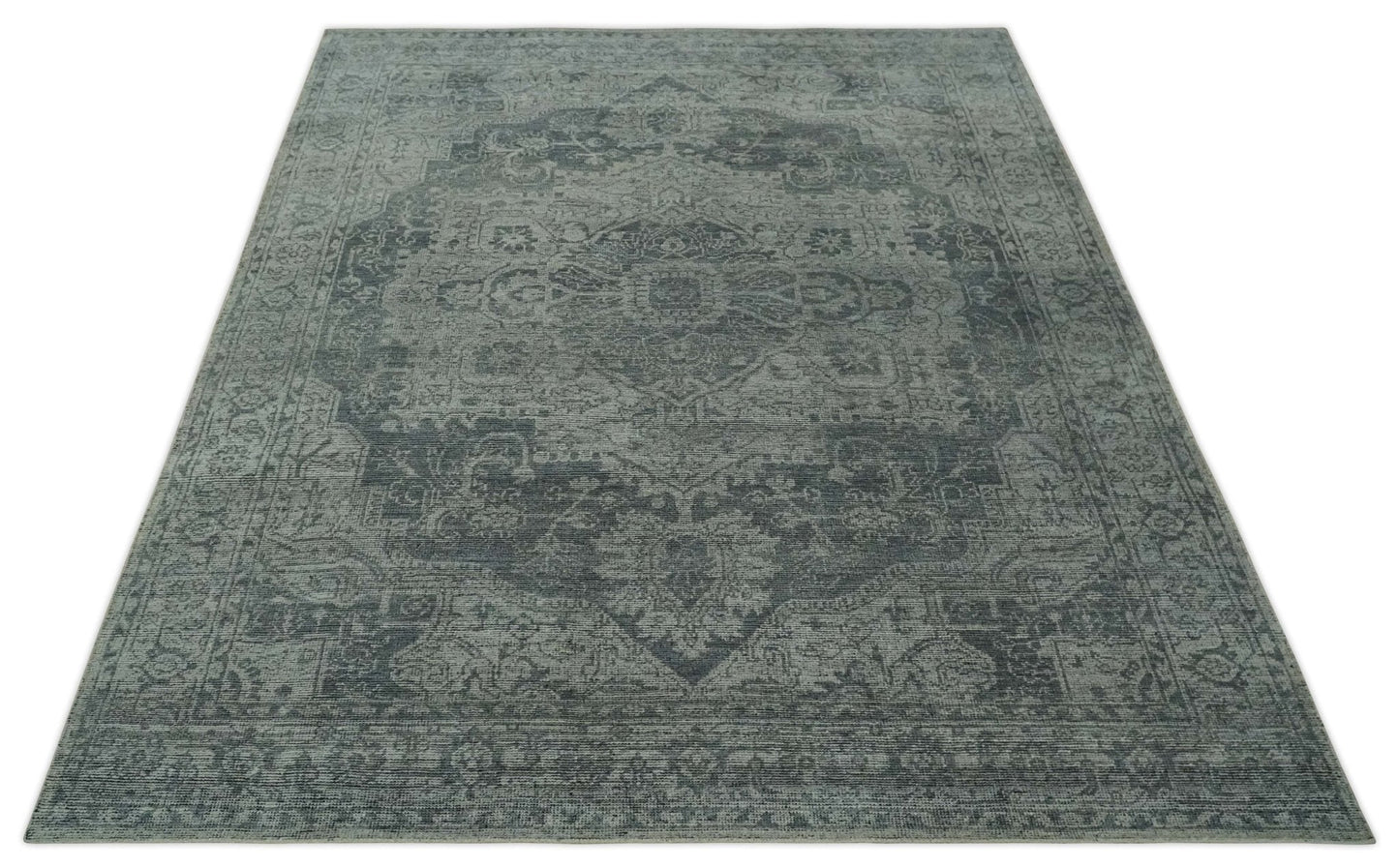 Antique Style Charcoal and Silver Traditional Heriz Medallion 8x10 wool Area Rug - Marsh and Manor Collective