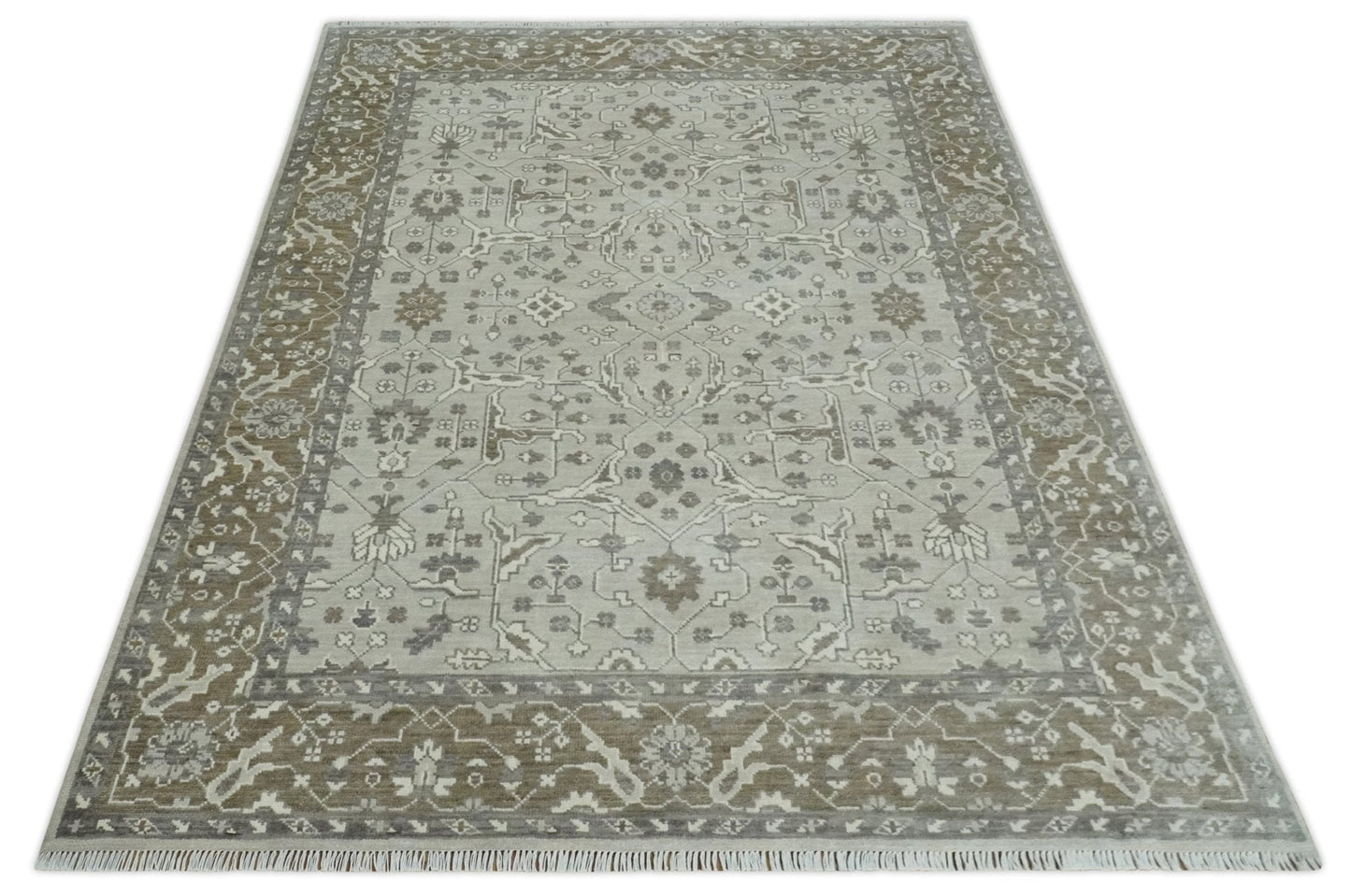 Antique Style Custom Made Traditional Silver and Brown Oriental Oushak Wool Area Rug - Marsh and Manor Collective