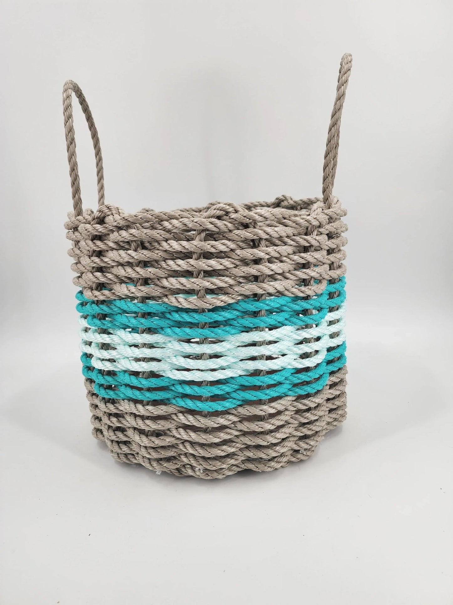 Authentic Maine Lobster Rope Storage Basket Tan and Seafoam, Accent color choice - Marsh and Manor Collective