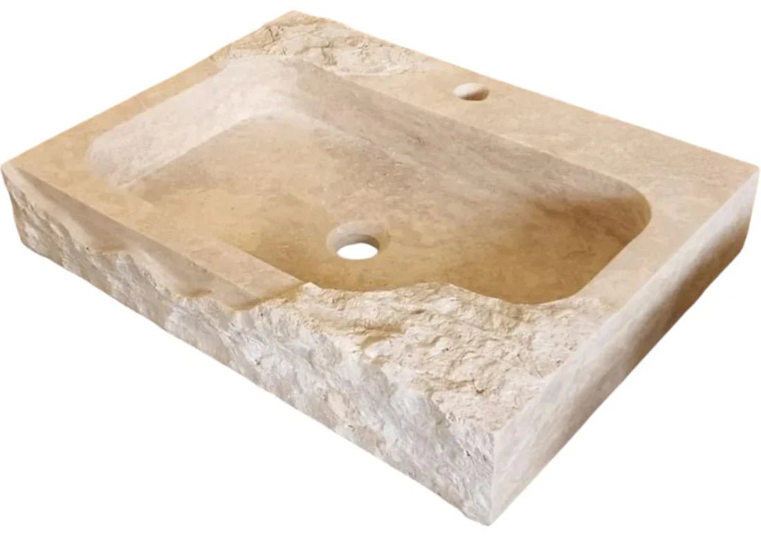 Beige Travertine Rectangular Wall - mount Bathroom Sink Rustic (W)16" (L)24" (H)5" - Marsh and Manor Collective