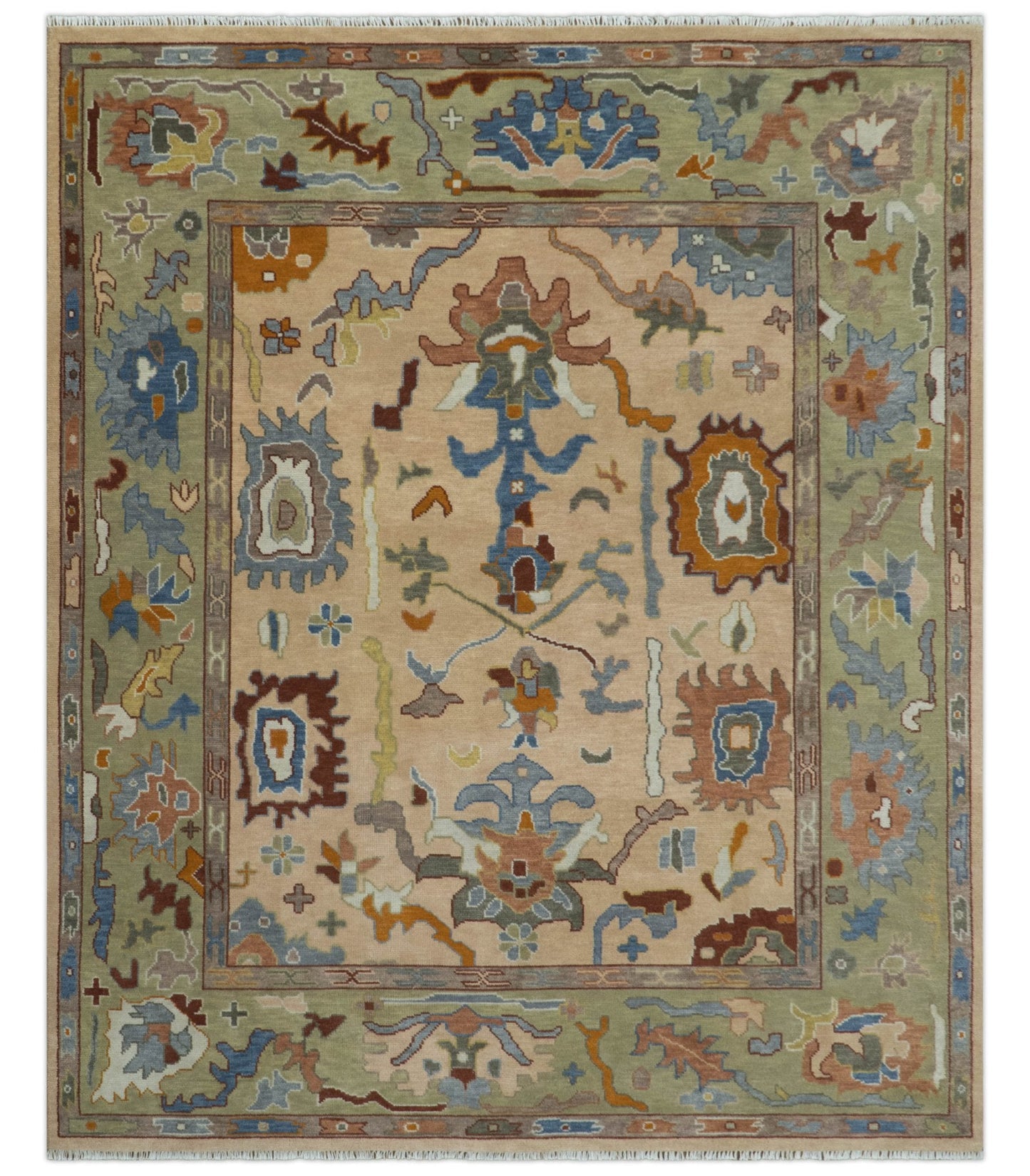 Custom Made Colorful Peach and Green Hand knotted Oushak wool Area Rug - Marsh and Manor Collective