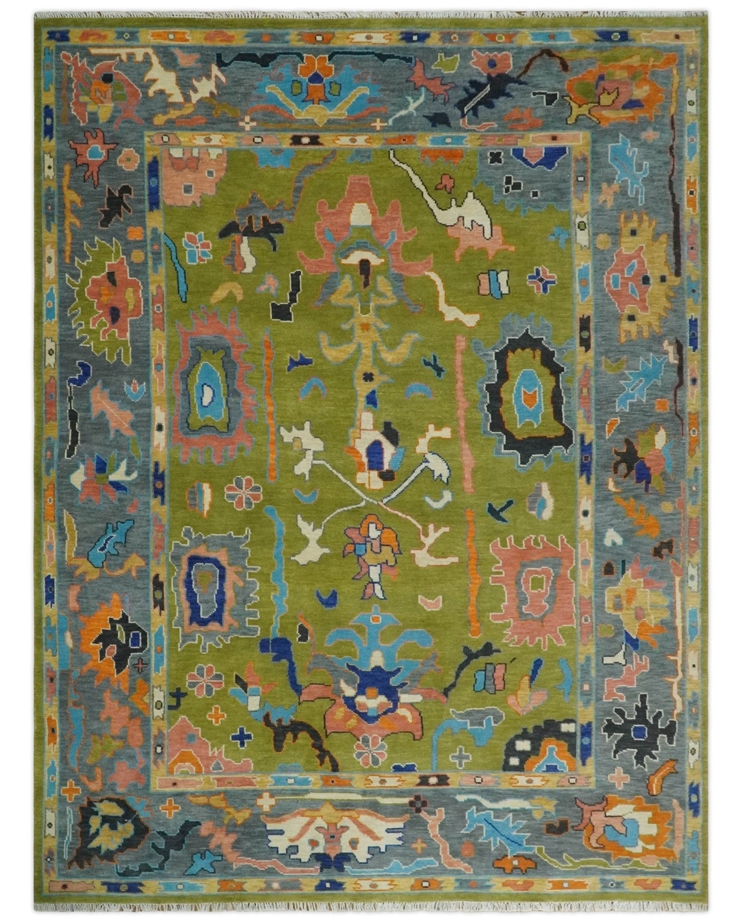 Custom Made Green, Gray and Peach Colorful Hand knotted Traditional Oushak wool Area Rug - Marsh and Manor Collective