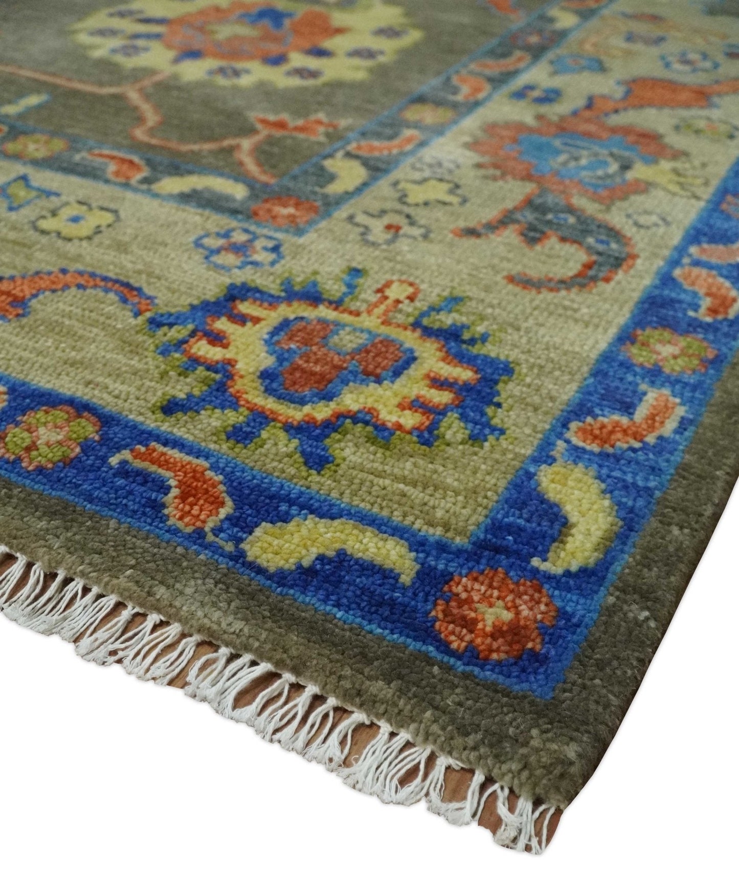 Custom made, Olive and Blue Vibrant Colorful Traditional Oushak Multi Size wool Area Rug - Marsh and Manor Collective