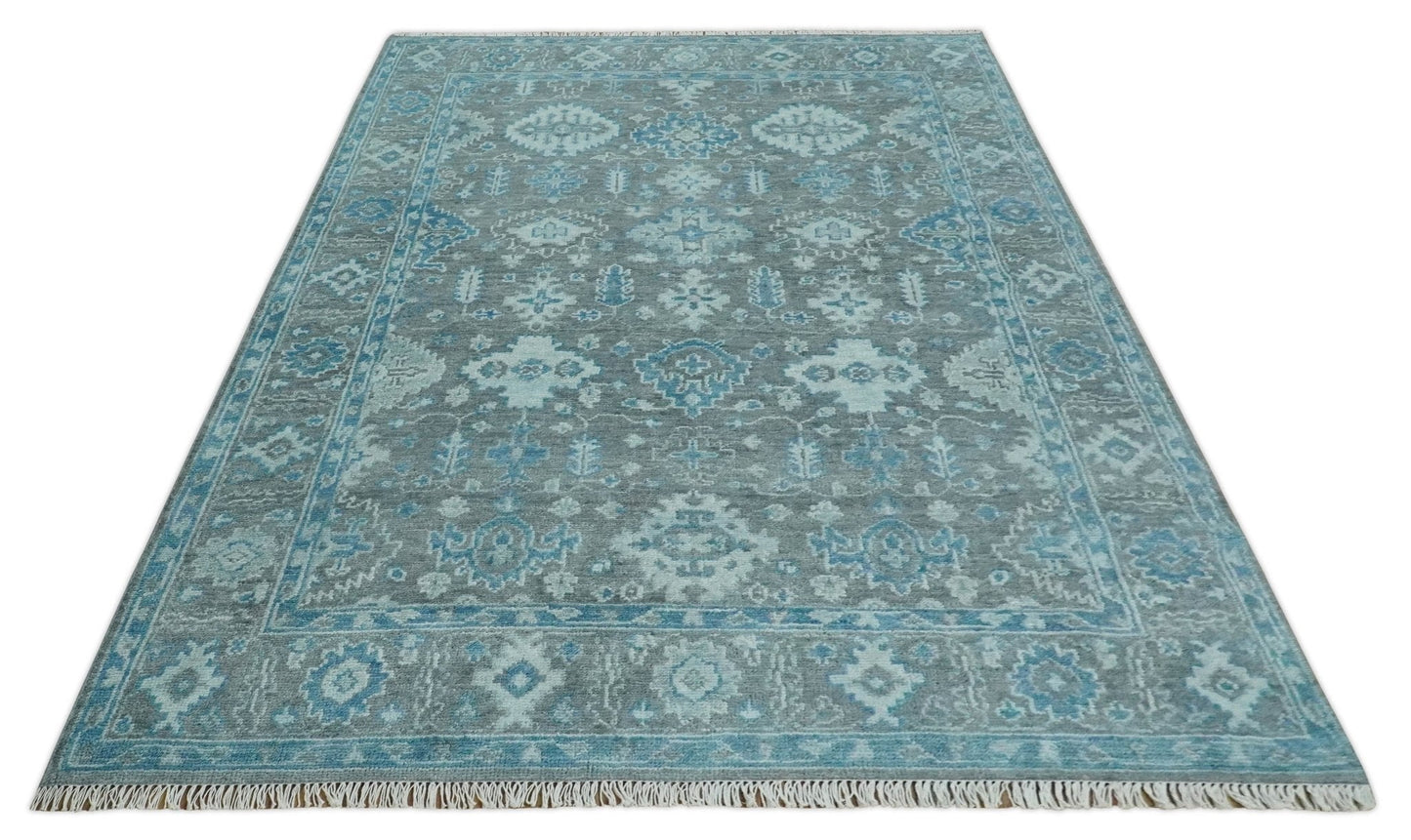 Made to order, Antique Gray and Blue Hand Knotted 8x10 Oushak Turkish Wool Area Rug - Marsh and Manor Collective