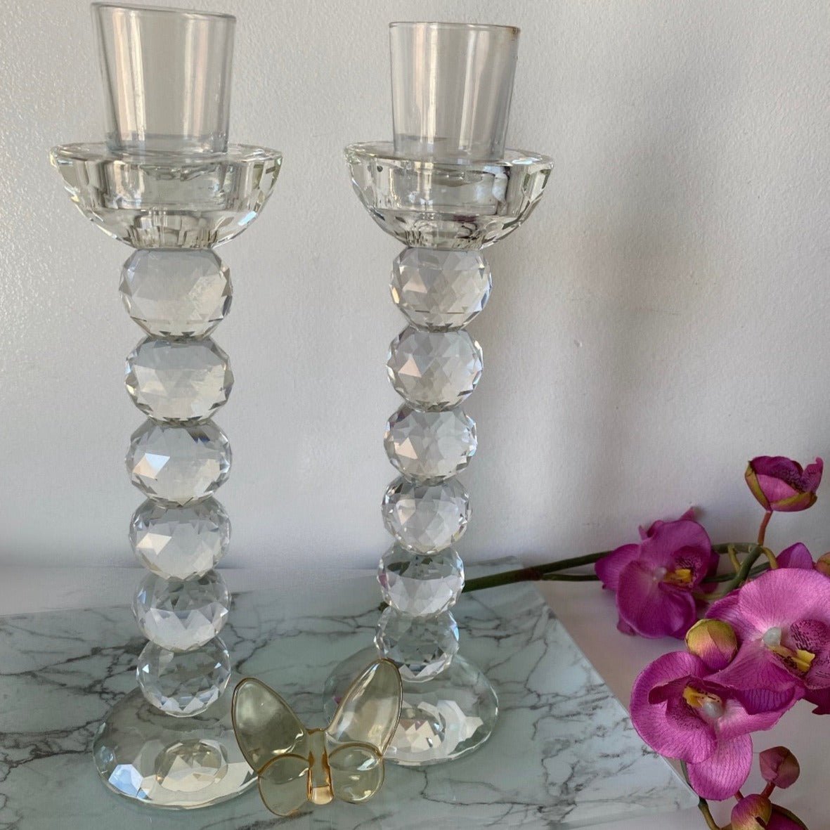 Pair of 10” Crystal Ball Candlesticks - Marsh and Manor Collective
