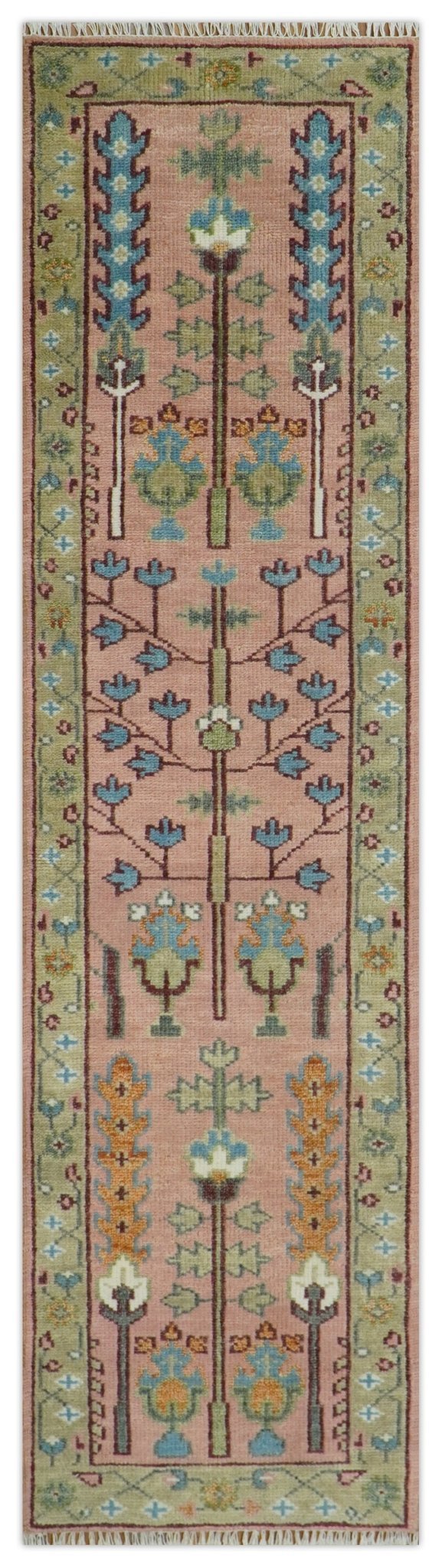 Ready to Ship Pink, Olive and Beige Traditional Vintage Style Tree Wool Rug - Marsh and Manor Collective