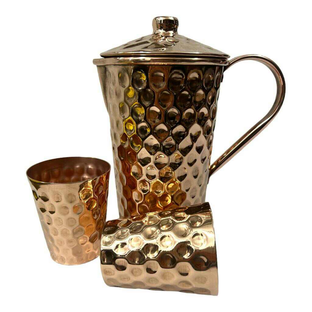 Set of One Copper Pitcher with Top and Two Tumblers, Deep Hammering and Shiny Finish - Marsh and Manor Collective