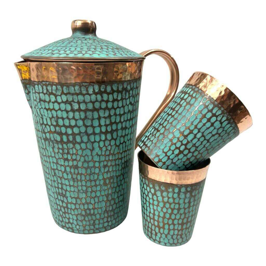 Set of One Copper Pitcher with Top and Two Tumblers, Hammered and Turquoise Patina - Marsh and Manor Collective
