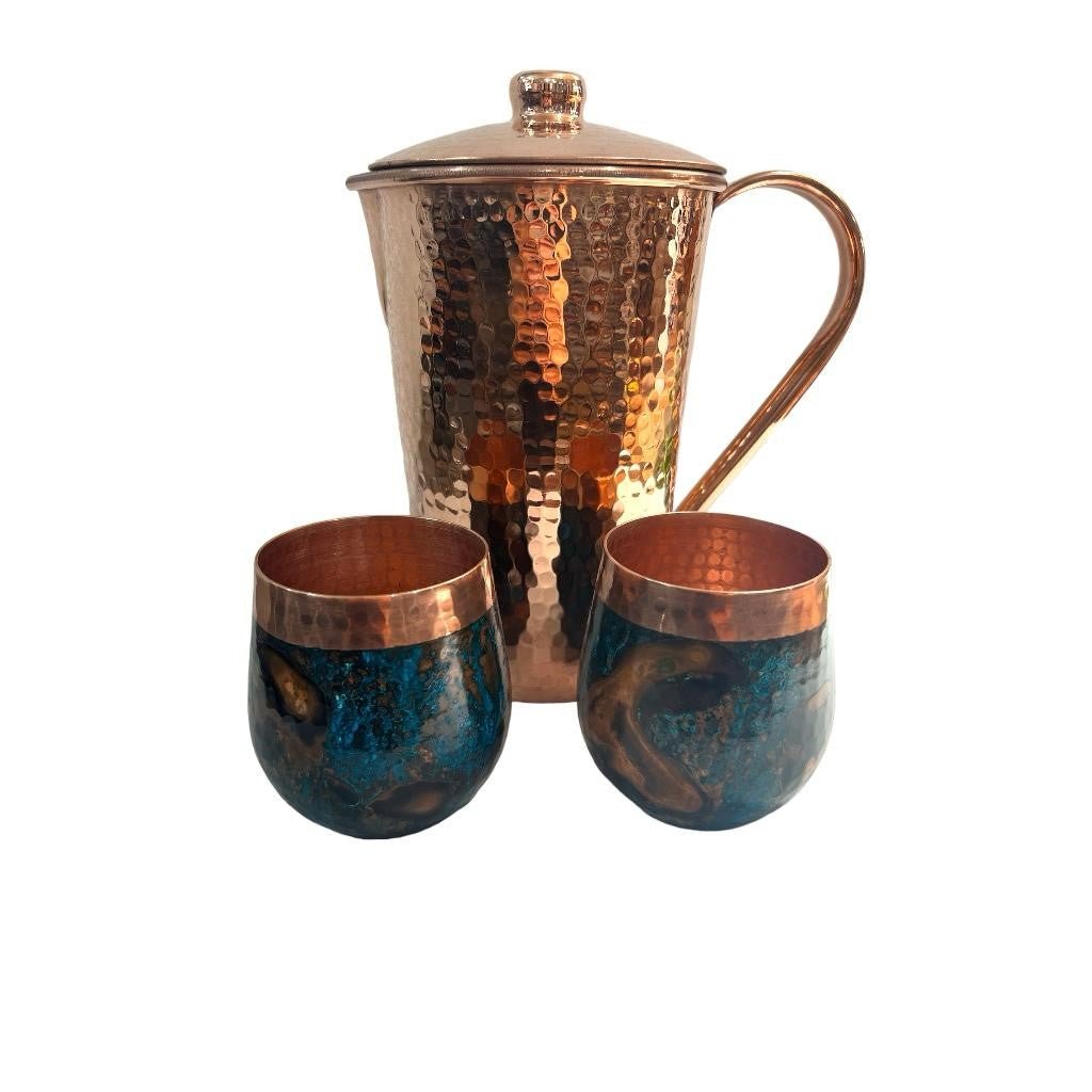Set of One Shiny Hammered Copper Pitcher with Top and Two Blue Marbled Tumblers - Marsh and Manor Collective