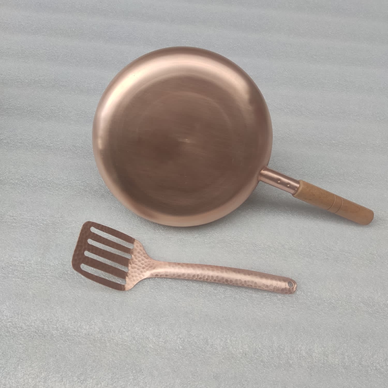 10" Round Plain Copper Pan with Matte Finish, Wood Handle and Spatula - Marsh and Manor Collective