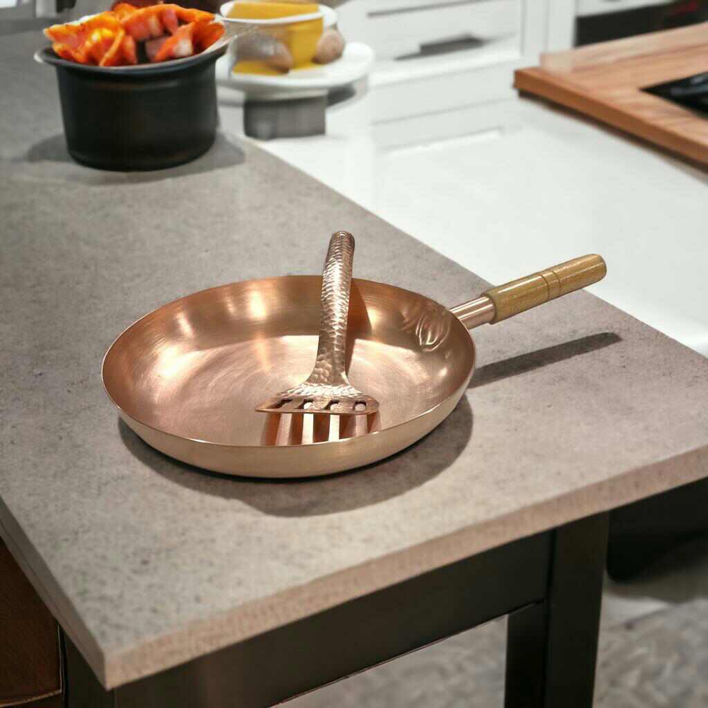 10" Round Plain Copper Pan with Matte Finish, Wood Handle and Spatula - Marsh and Manor Collective