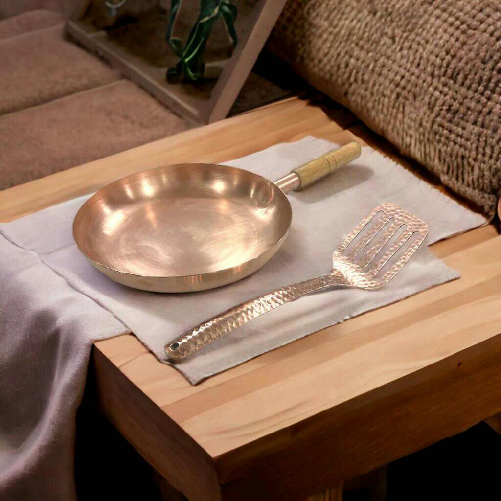 10" Round Plain Copper Pan with Matte Finish, Wood Handle and Spatula - Marsh and Manor Collective