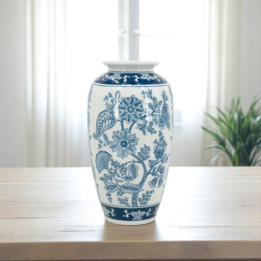 15" Light Blue And White Floral Porcelain Urn Vase - Marsh and Manor Collective
