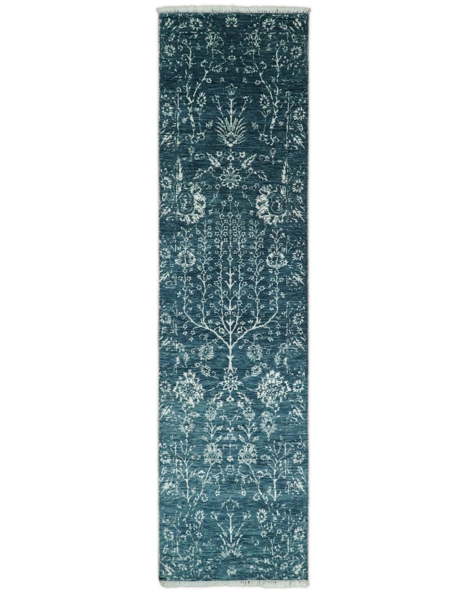 2.6x10 Fine Hand Knotted White and Blue Traditional Vintage Persian Style Antique Wool Rug | AGR23 - Marsh and Manor Collective
