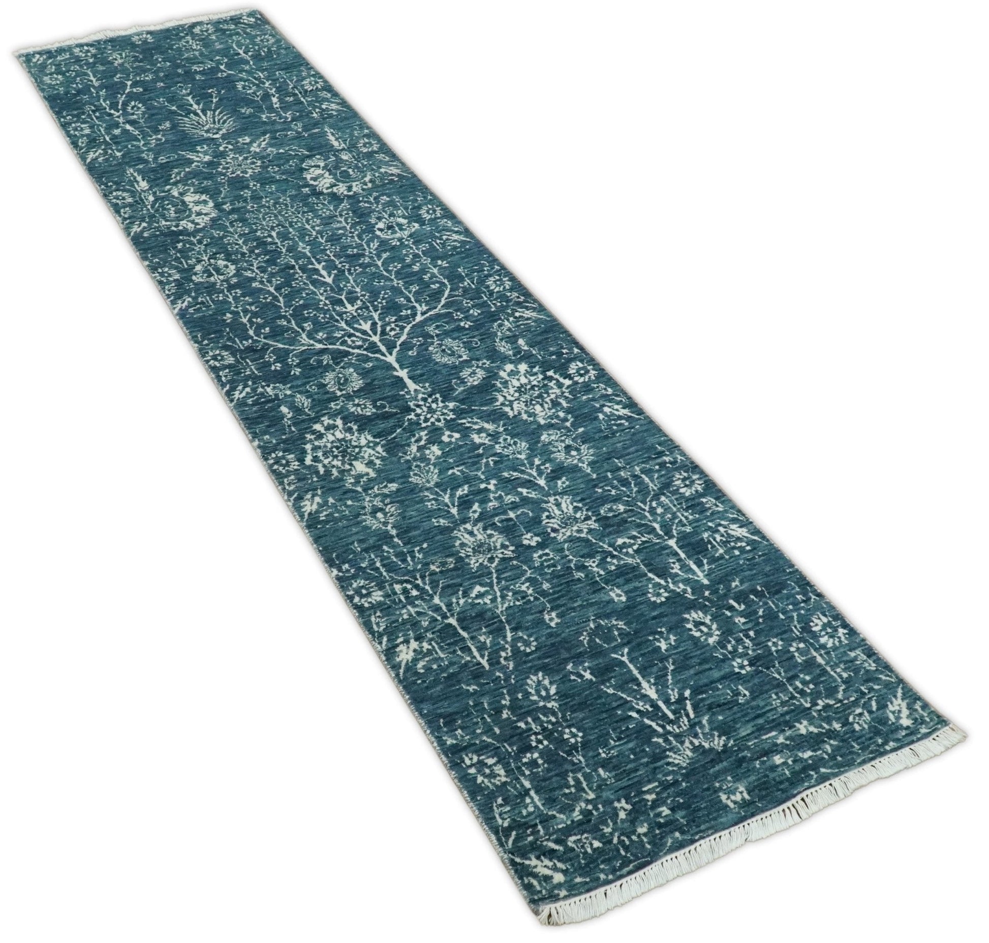 2.6x10 Fine Hand Knotted White and Blue Traditional Vintage Persian Style Antique Wool Rug | AGR23 - Marsh and Manor Collective