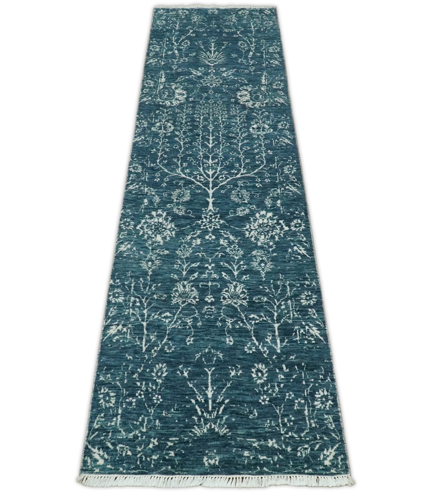 2.6x10 Fine Hand Knotted White and Blue Traditional Vintage Persian Style Antique Wool Rug | AGR23 - Marsh and Manor Collective
