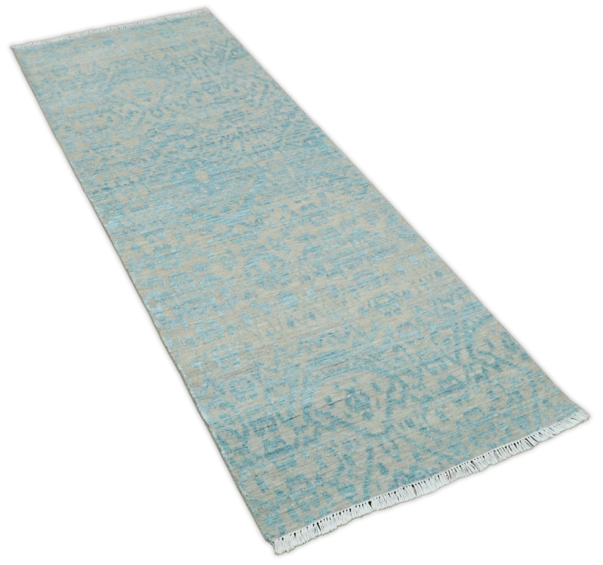 2.6x8 Fine Hand Knotted Camel and Blue Traditional Vintage Persian Style Antique Wool and Silk Rug | AGR26 - Marsh and Manor Collective