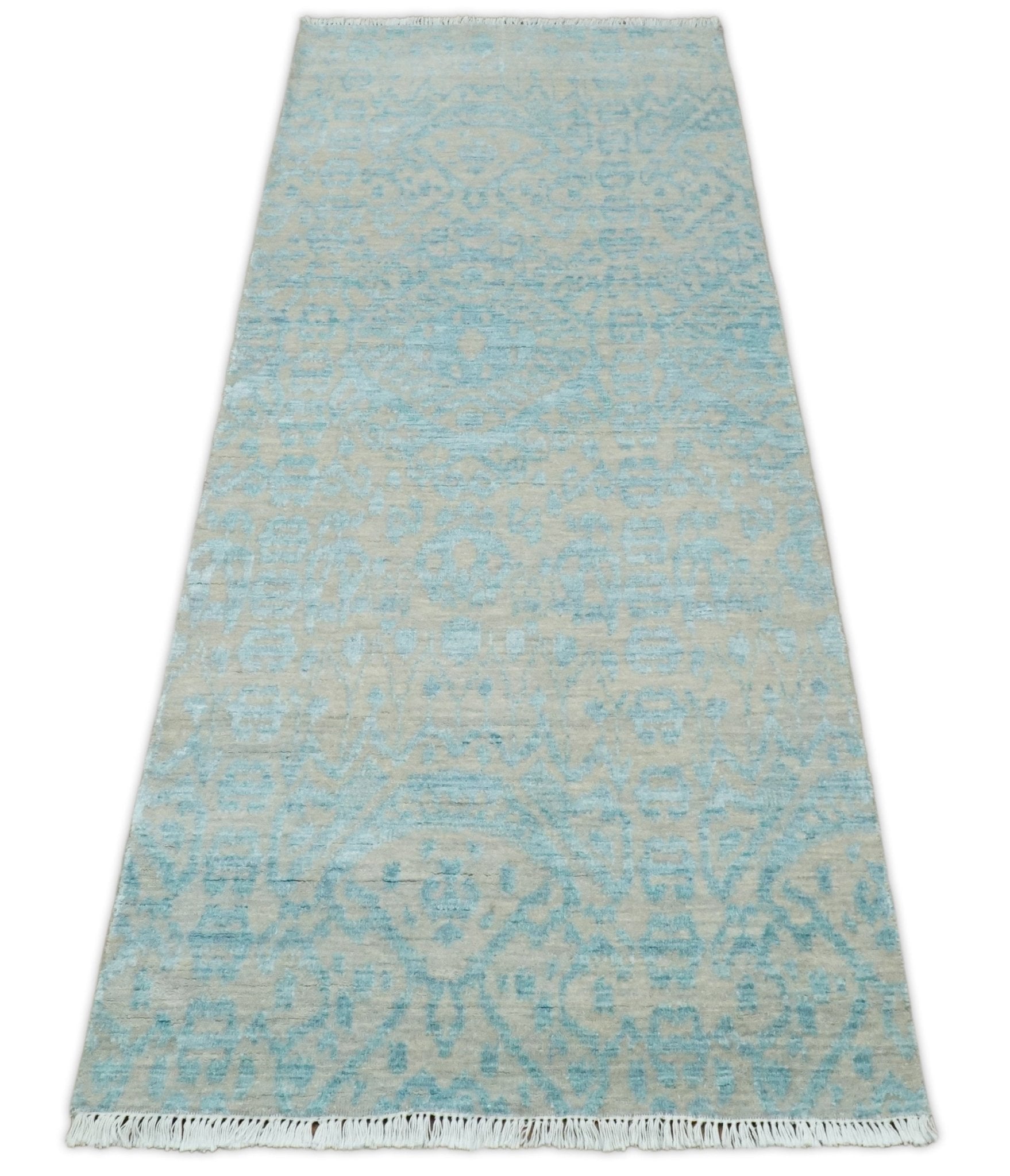 2.6x8 Fine Hand Knotted Camel and Blue Traditional Vintage Persian Style Antique Wool and Silk Rug | AGR26 - Marsh and Manor Collective