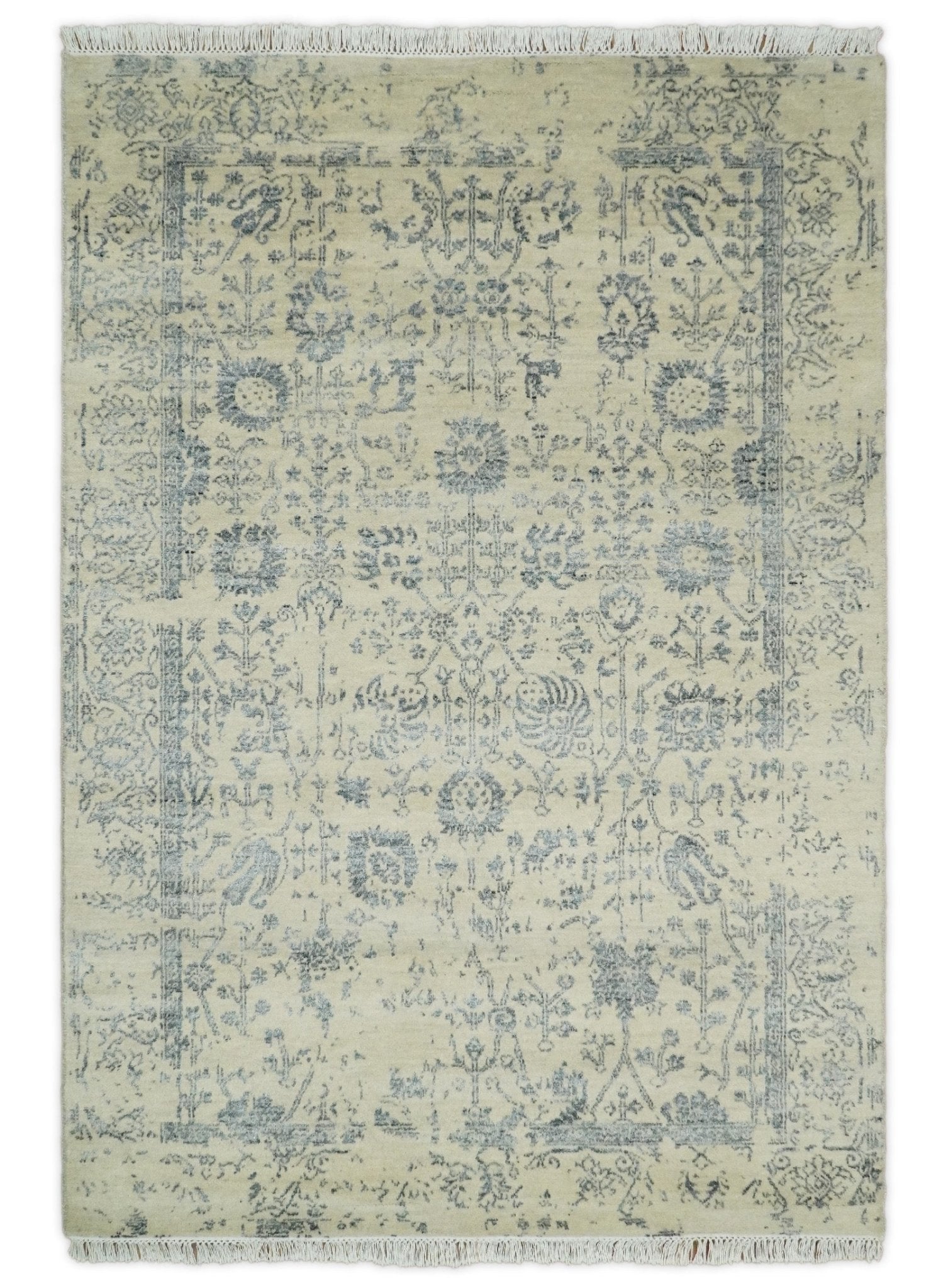 4x6 Fine Hand Knotted Beige and Gray Traditional Vintage Persian Style Antique Wool and Silk Rug | AGR14 - Marsh and Manor Collective