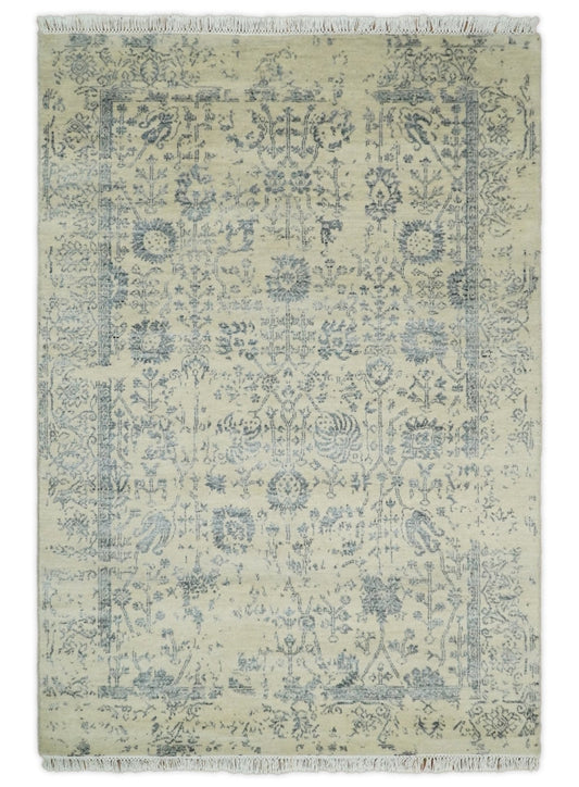 4x6 Fine Hand Knotted Beige and Gray Traditional Vintage Persian Style Antique Wool and Silk Rug | AGR14 - Marsh and Manor Collective