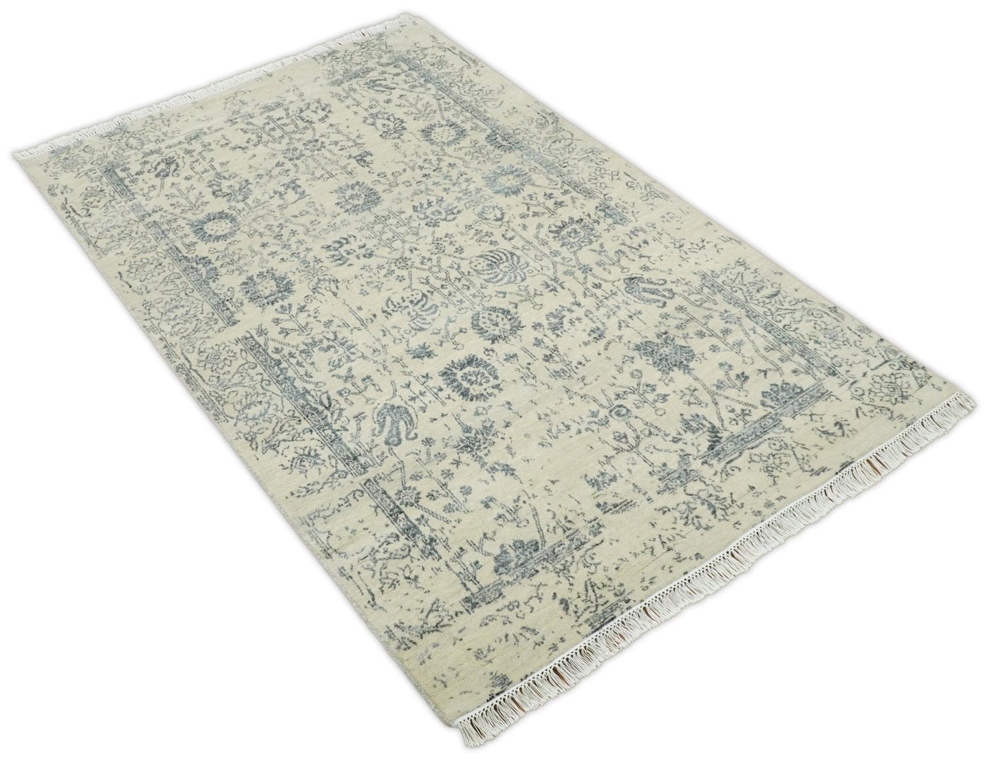 4x6 Fine Hand Knotted Beige and Gray Traditional Vintage Persian Style Antique Wool and Silk Rug | AGR14 - Marsh and Manor Collective