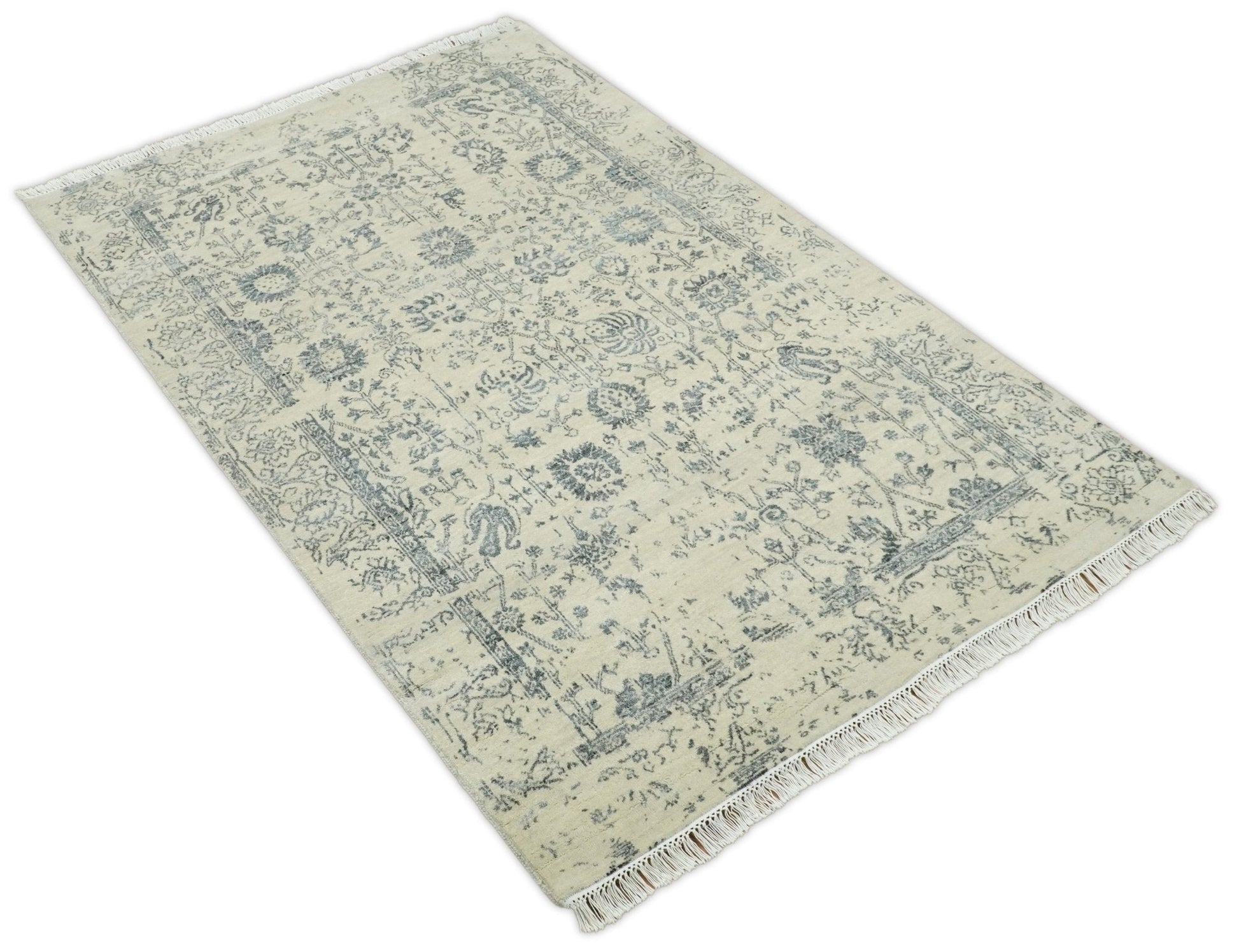 4x6 Fine Hand Knotted Beige and Gray Traditional Vintage Persian Style Antique Wool and Silk Rug | AGR14 - Marsh and Manor Collective