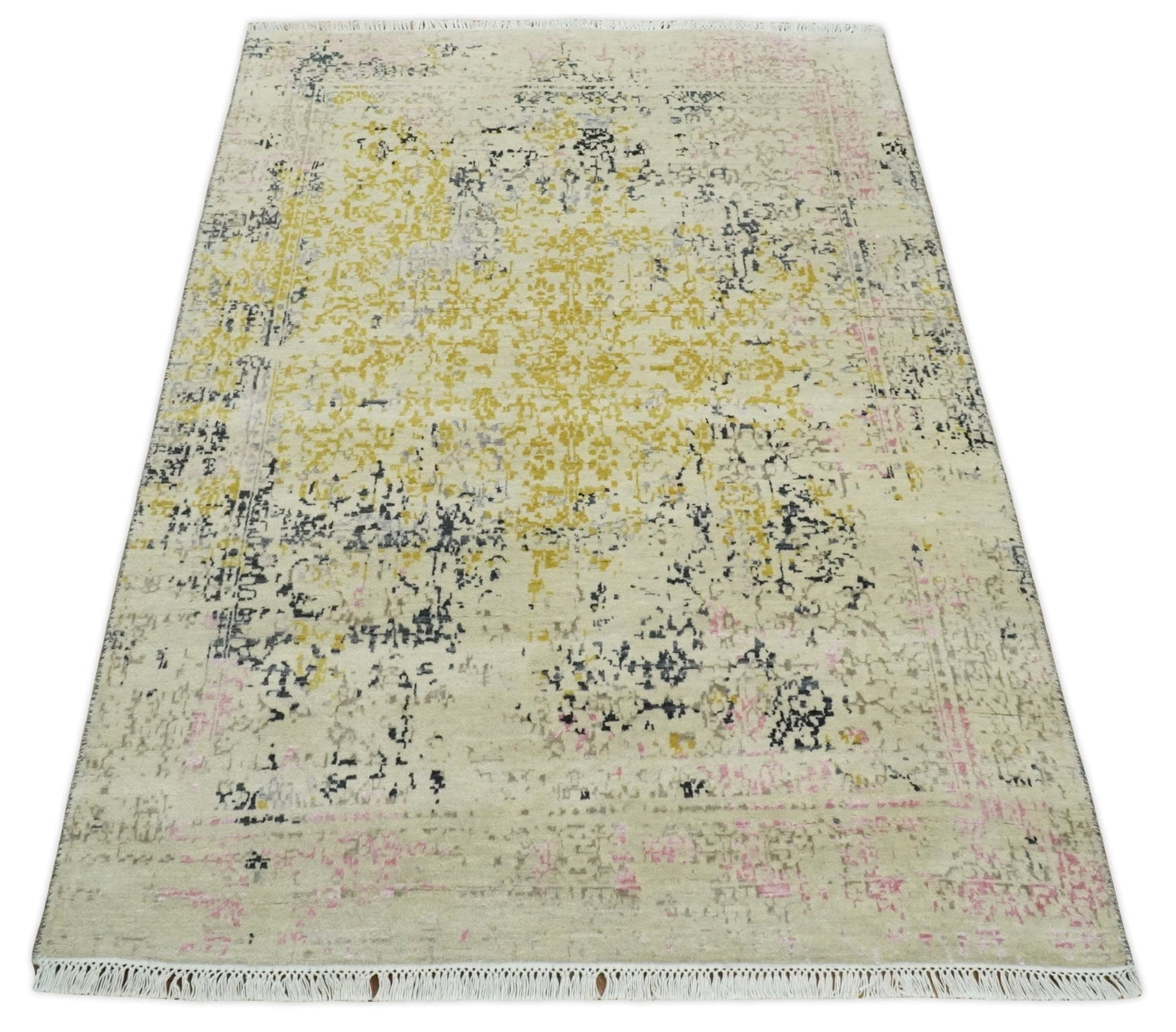 4x6 Fine Hand Knotted Gold, Gray and Ivory Modern Abstract Wool and SIlk Area Rug | AGR17 - Marsh and Manor Collective