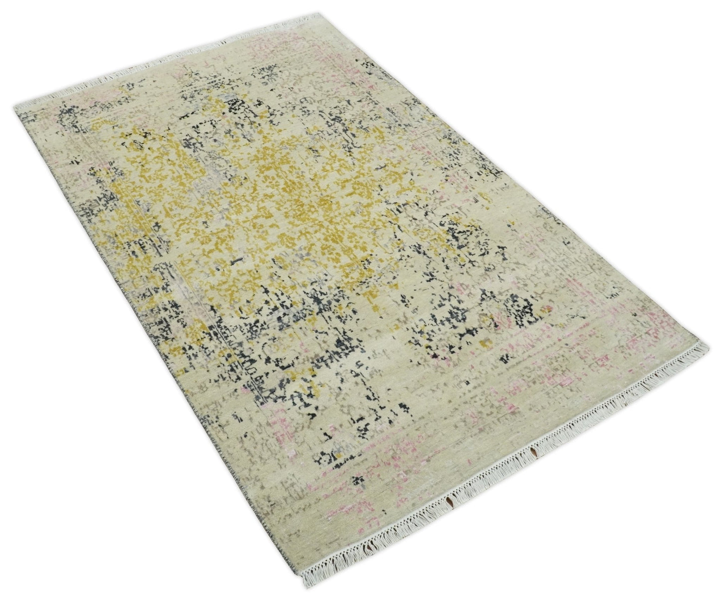 4x6 Fine Hand Knotted Gold, Gray and Ivory Modern Abstract Wool and SIlk Area Rug | AGR17 - Marsh and Manor Collective