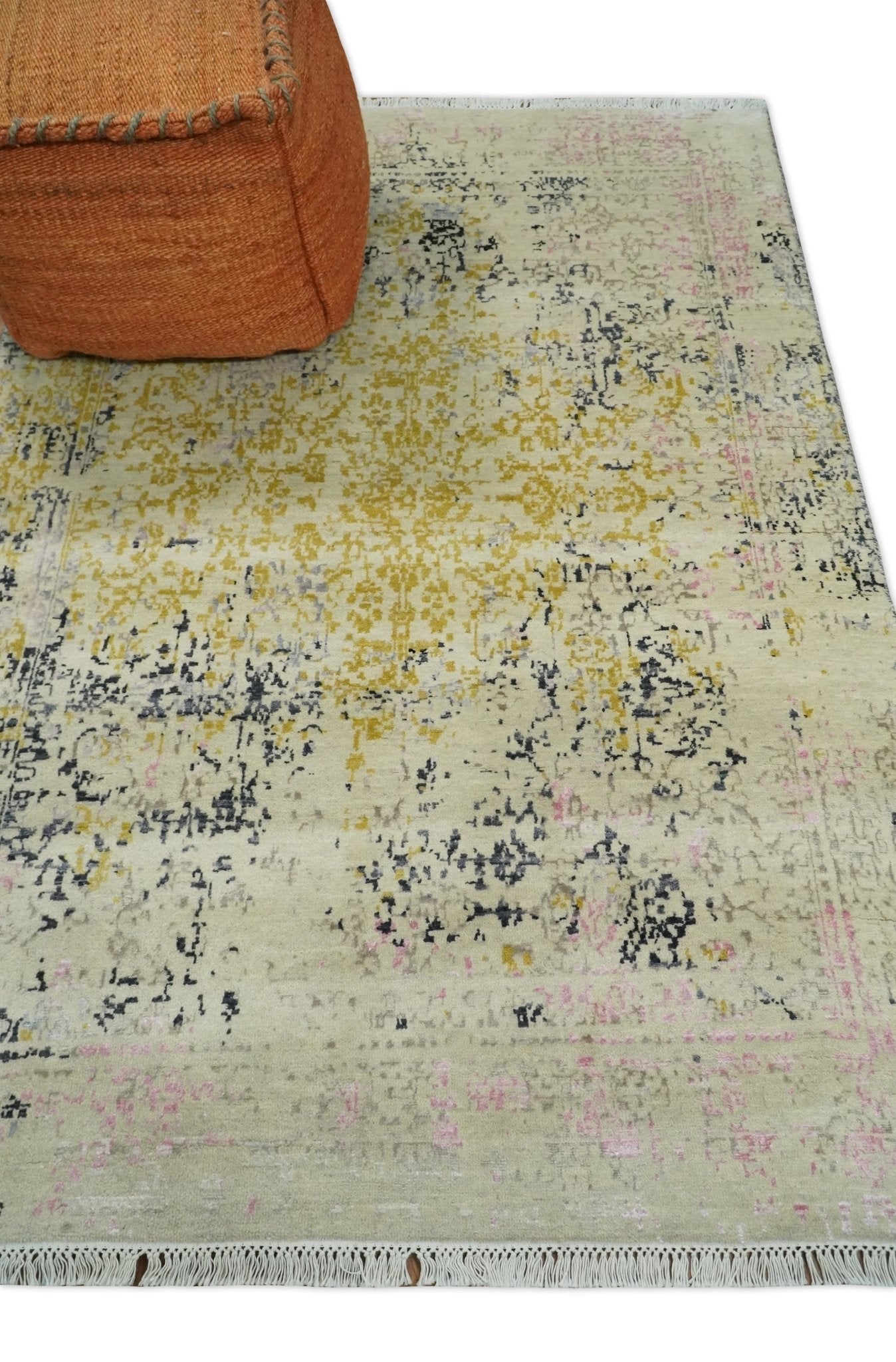 4x6 Fine Hand Knotted Gold, Gray and Ivory Modern Abstract Wool and SIlk Area Rug | AGR17 - Marsh and Manor Collective