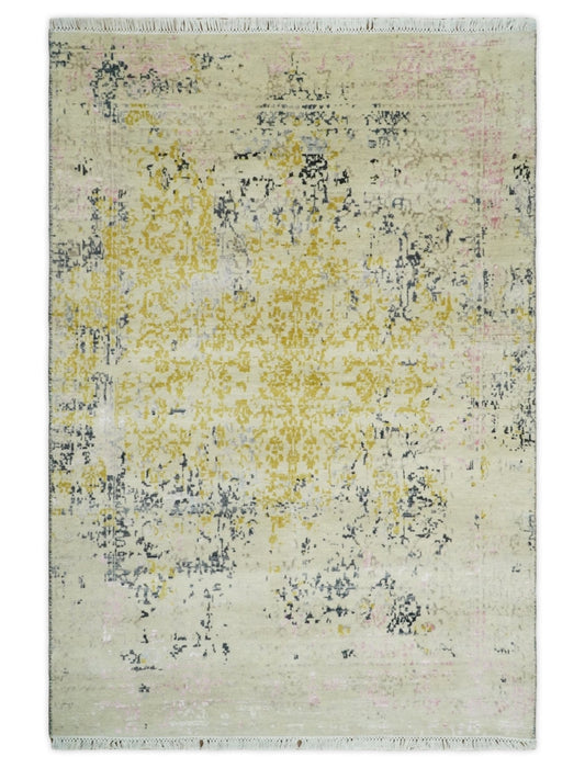 4x6 Fine Hand Knotted Gold, Gray and Ivory Modern Abstract Wool and SIlk Area Rug | AGR17 - Marsh and Manor Collective