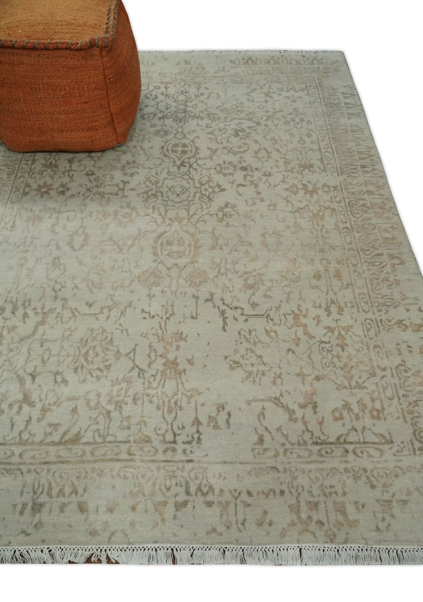 5x7 Fine Hand Knotted Beige and Brown Traditional Vintage Persian Style Antique Wool and Silk Rug | AGR50 - Marsh and Manor Collective