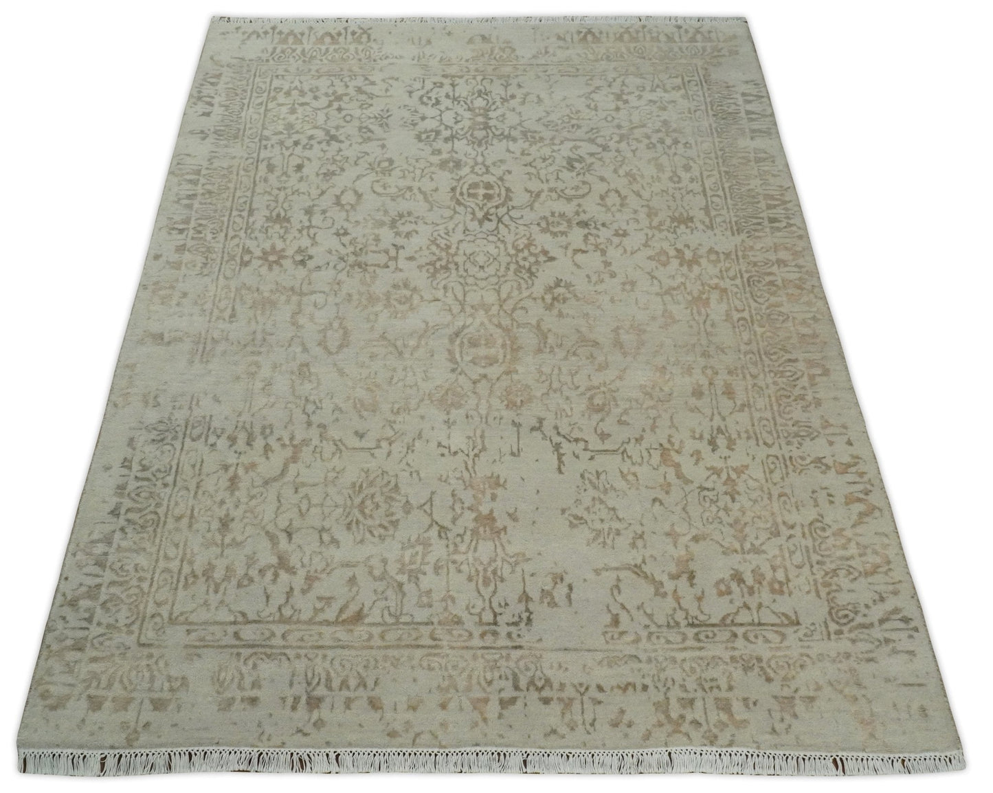 5x7 Fine Hand Knotted Beige and Brown Traditional Vintage Persian Style Antique Wool and Silk Rug | AGR50 - Marsh and Manor Collective